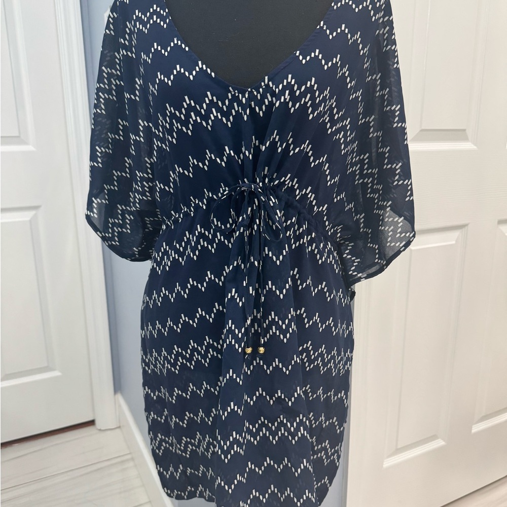 Navy and White Women's Swim Cover-Up